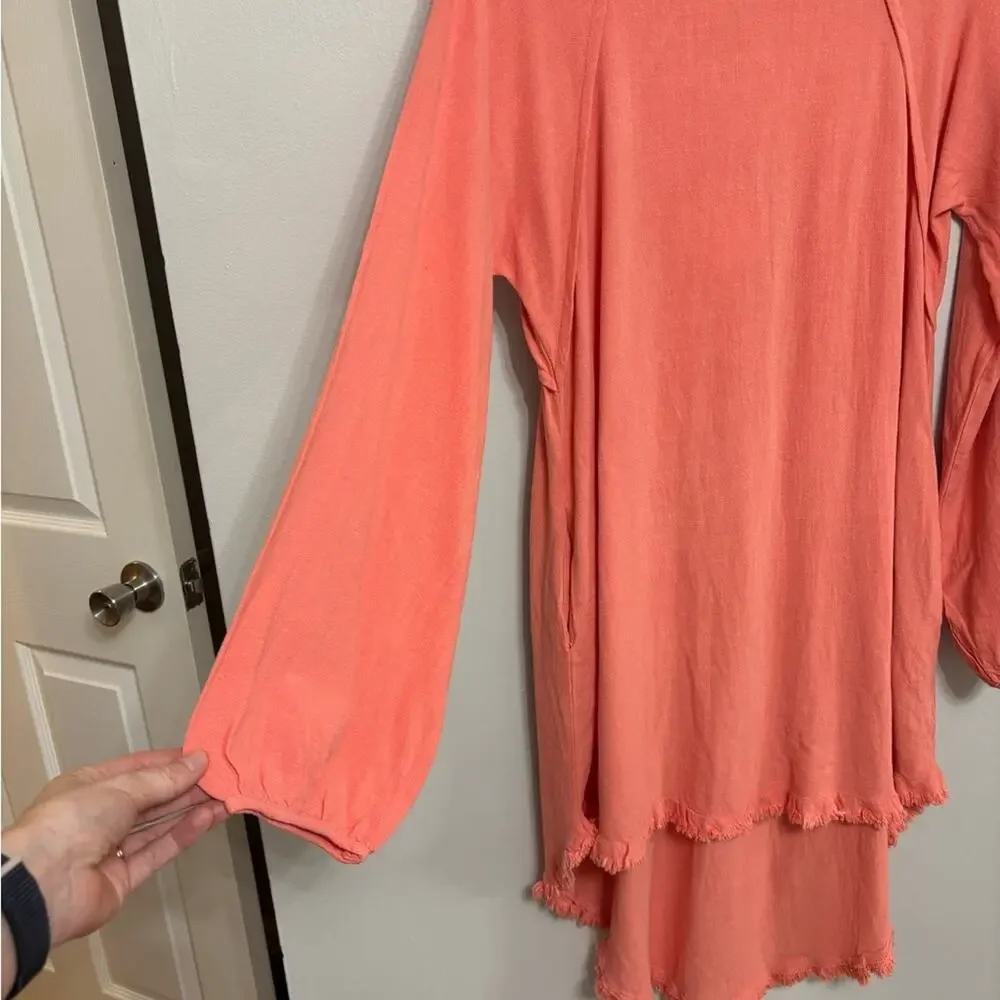 NEW Umgee Linen Cotton Boho Beachy Flowy Fringe Midi Dress in Coral Pink- Size S